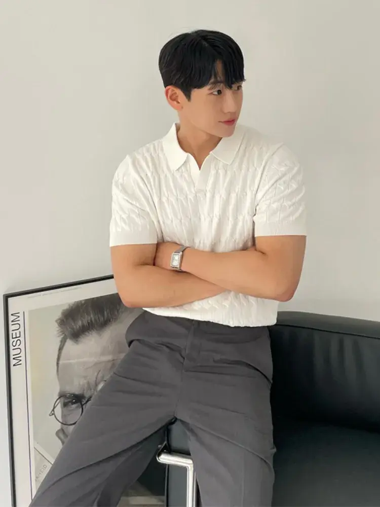 Summer High-end Feel Polo Shirt Men's Casual Thin Half Sleeve Knit Top Slimming Effect Korean Style Solid Color Fashion