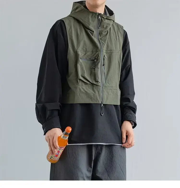 Cityboy Japanese Style Cropped Vest Jacket Men's American Style Summer Thin Hooded Functional Multi-pocket Vest Casual Scene