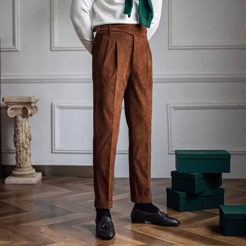 High-Waisted Straight-Leg Corduroy Pants Casual Luxury British Business Vintage Autumn/Winter Trousers Trendy Men's Suit Pants