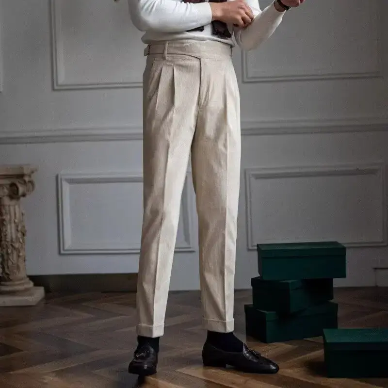 High-Waisted Straight-Leg Corduroy Pants Casual Luxury British Business Vintage Autumn/Winter Trousers Trendy Men's Suit Pants