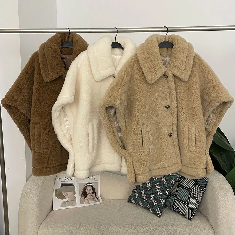 Women Spring Winter Natural Wool Coats Fashion Teddy Short Alpaca Profile Wool Coats Warm Outerwear Poncho Teddy Bear Coat