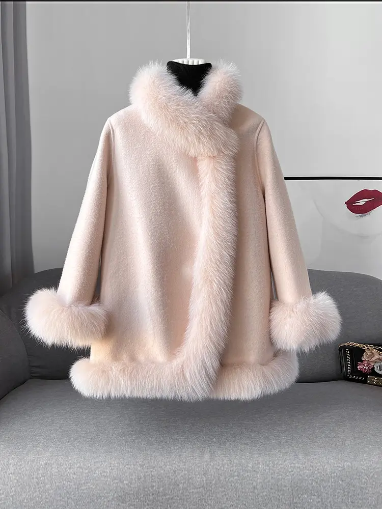 Real Fox Fur Collar Cloak Coat White Wool Coat Women 2024 Warm Oversize Elegant Real Fur Coat Natural Fox Fur Jacket