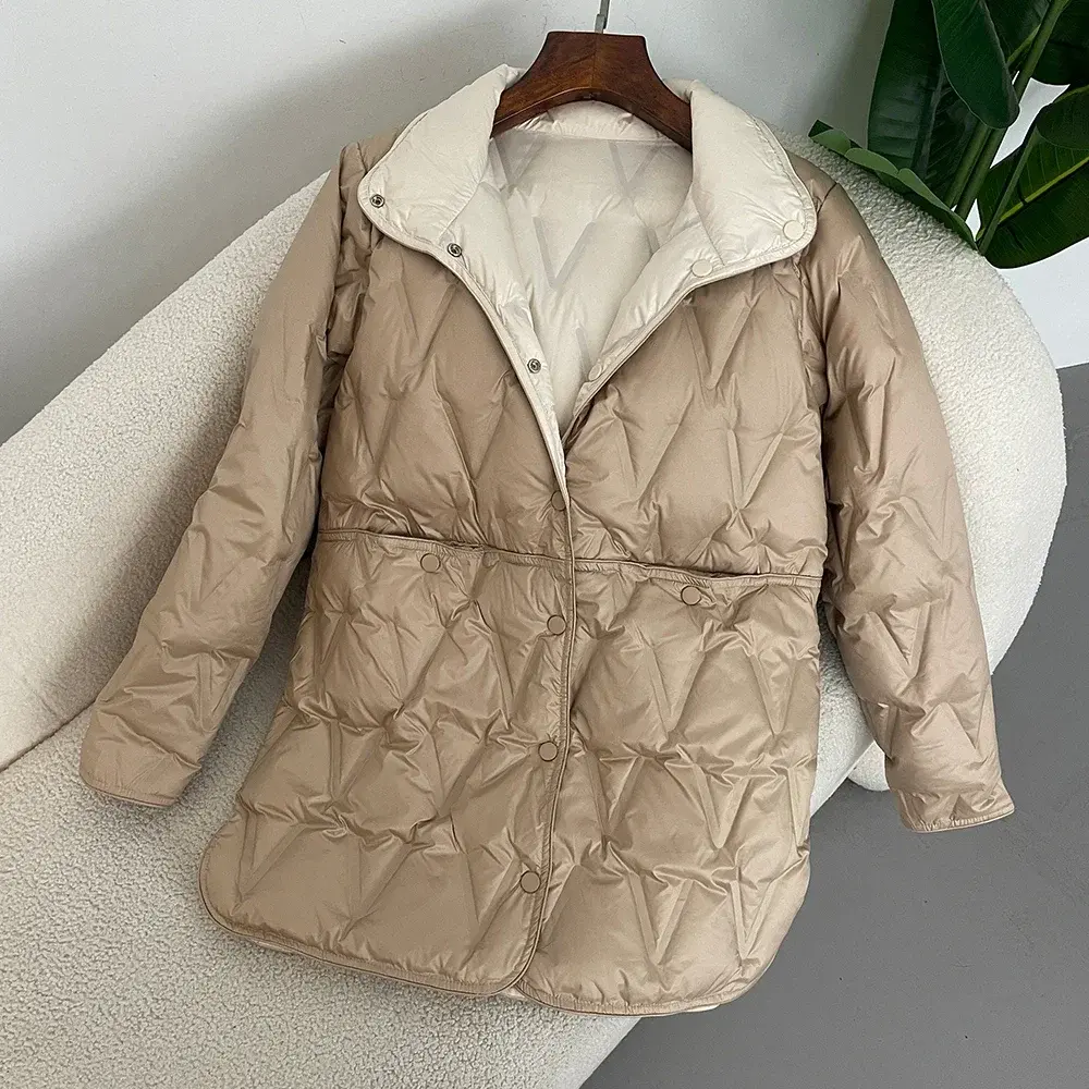 Down Jacket Women Autumn Winter Mid-Length Light White Duck Down Coats 2024 Stand Collar Reversible Puffer Jacket Loose Casual