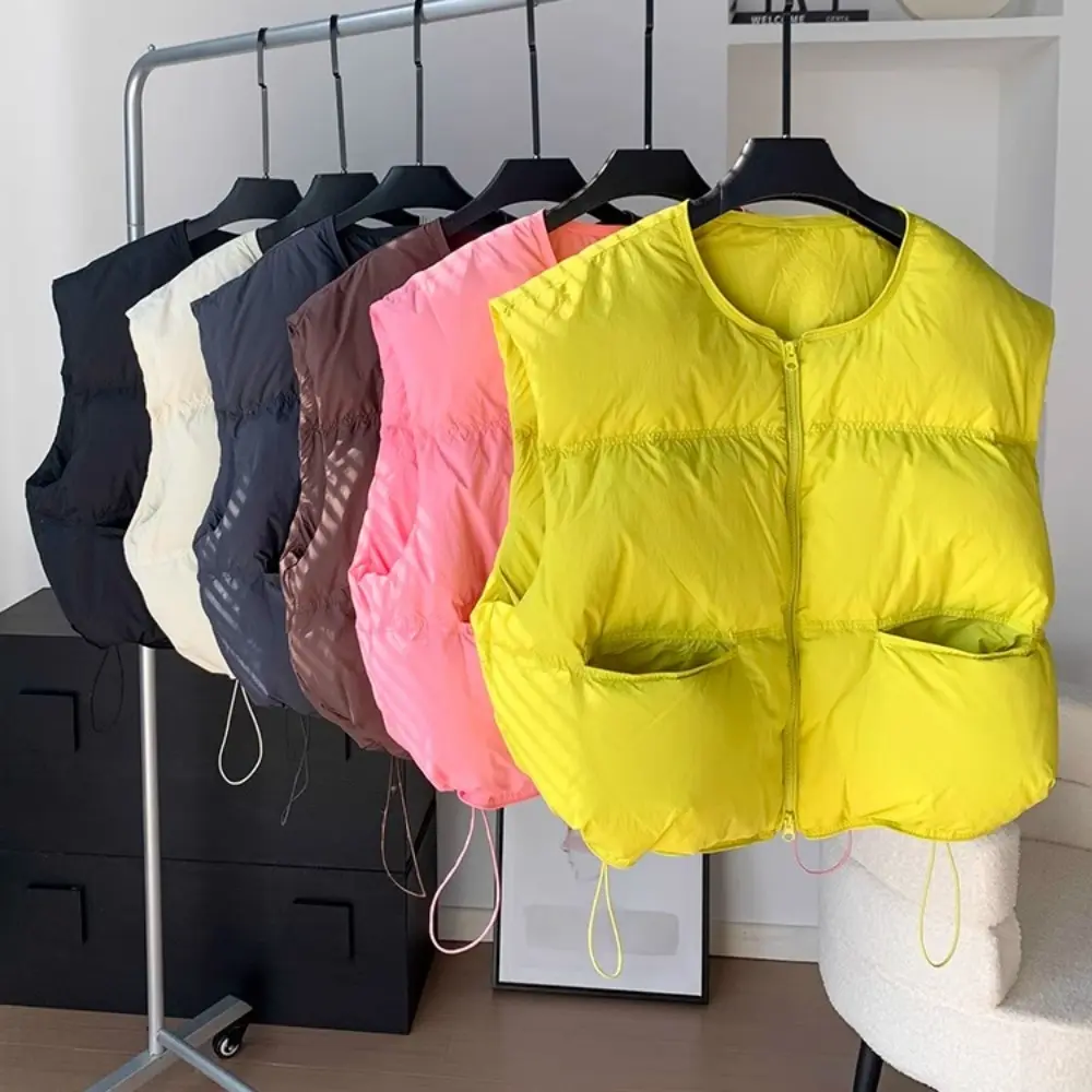 Down Jacket Women New Winter Loose Short White Duck Down Sleeveless Vest Hem Adjustable Zipper Up Warm Casual Solid Puffer Tank