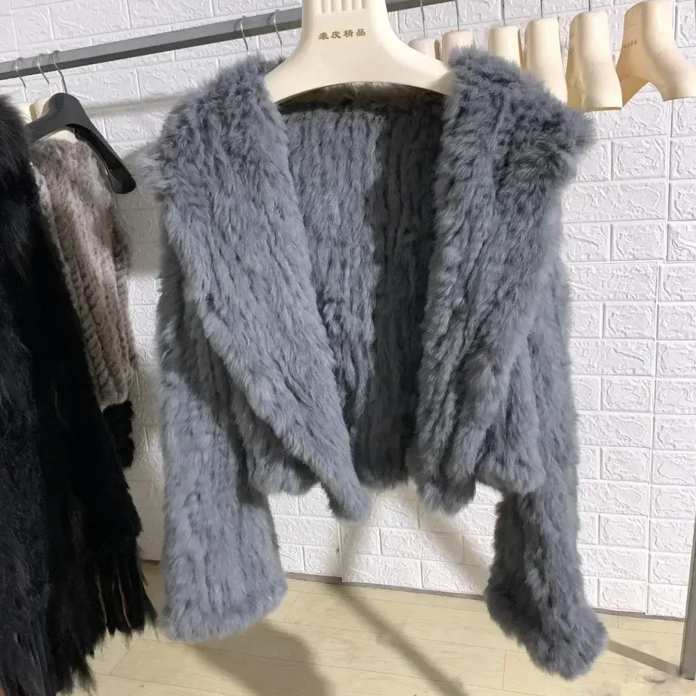 Real Rabbit Fur Coat Autumn Winter Women 100% Natural Fur Jacket Loose Manual Weave Quality Streetwear Hooded Flare Sleeves New