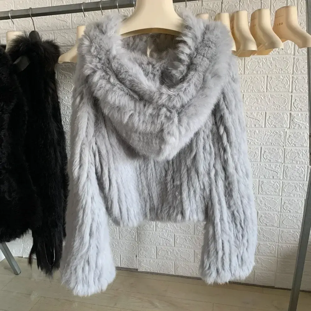 Real Rabbit Fur Coat Autumn Winter Women 100% Natural Fur Jacket Loose Manual Weave Quality Streetwear Hooded Flare Sleeves New
