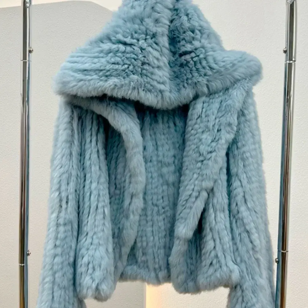 Real Rabbit Fur Coat Autumn Winter Women 100% Natural Fur Jacket Loose Manual Weave Quality Streetwear Hooded Flare Sleeves New