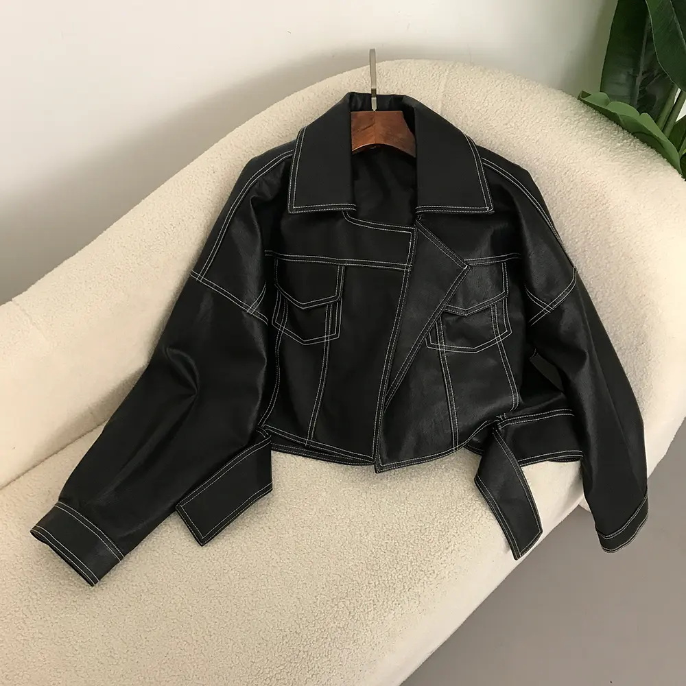 New Biker Jacket Streetwear Faux PU Leather Coat Spring Women Fashion Split Hem Black Lapel Long Sleeve Female Casual Fashion