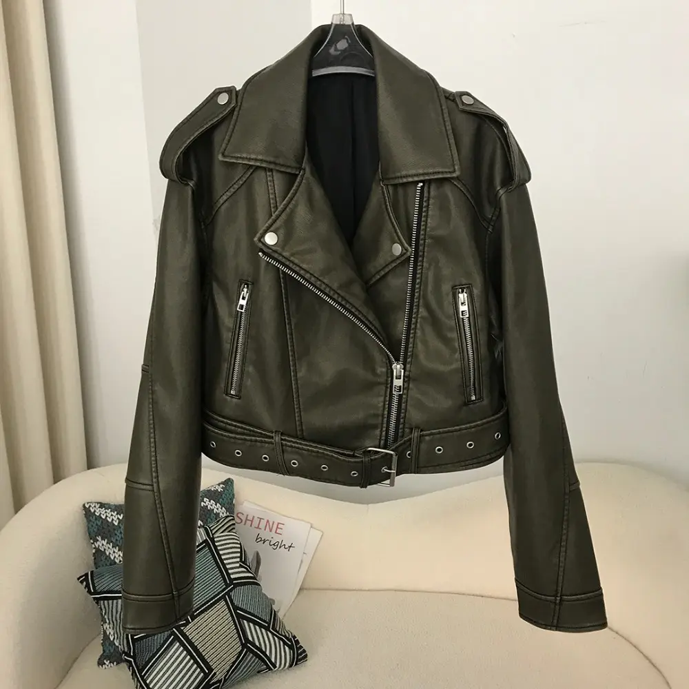 New Spring Woman Faux Leather Jacket Chic Vintage Short Lapel Zipper Belt Biker Coats Fashion Streetwear Mujer