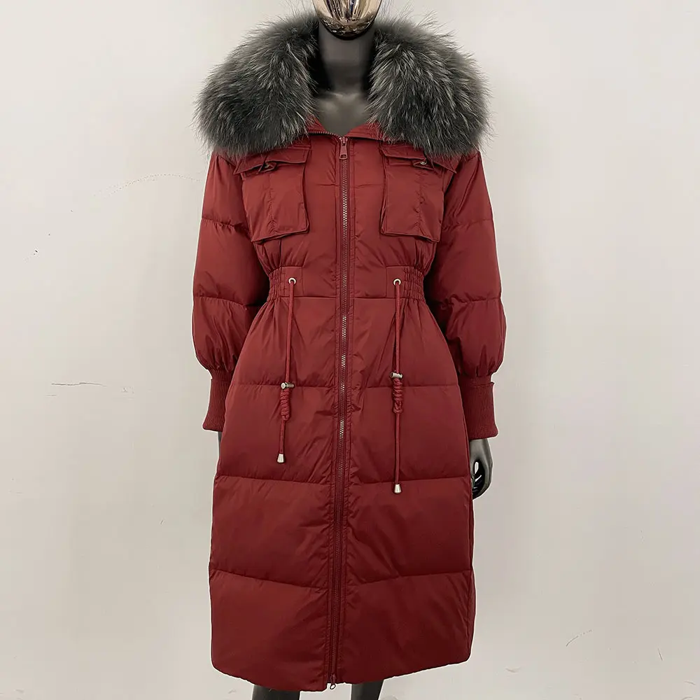 New White Duck Down Coat 2024 Puffer Jacket Lady Natural Fur Coat Winter Over Knee Women Slim Fit Warm Real Fox Fur Collar