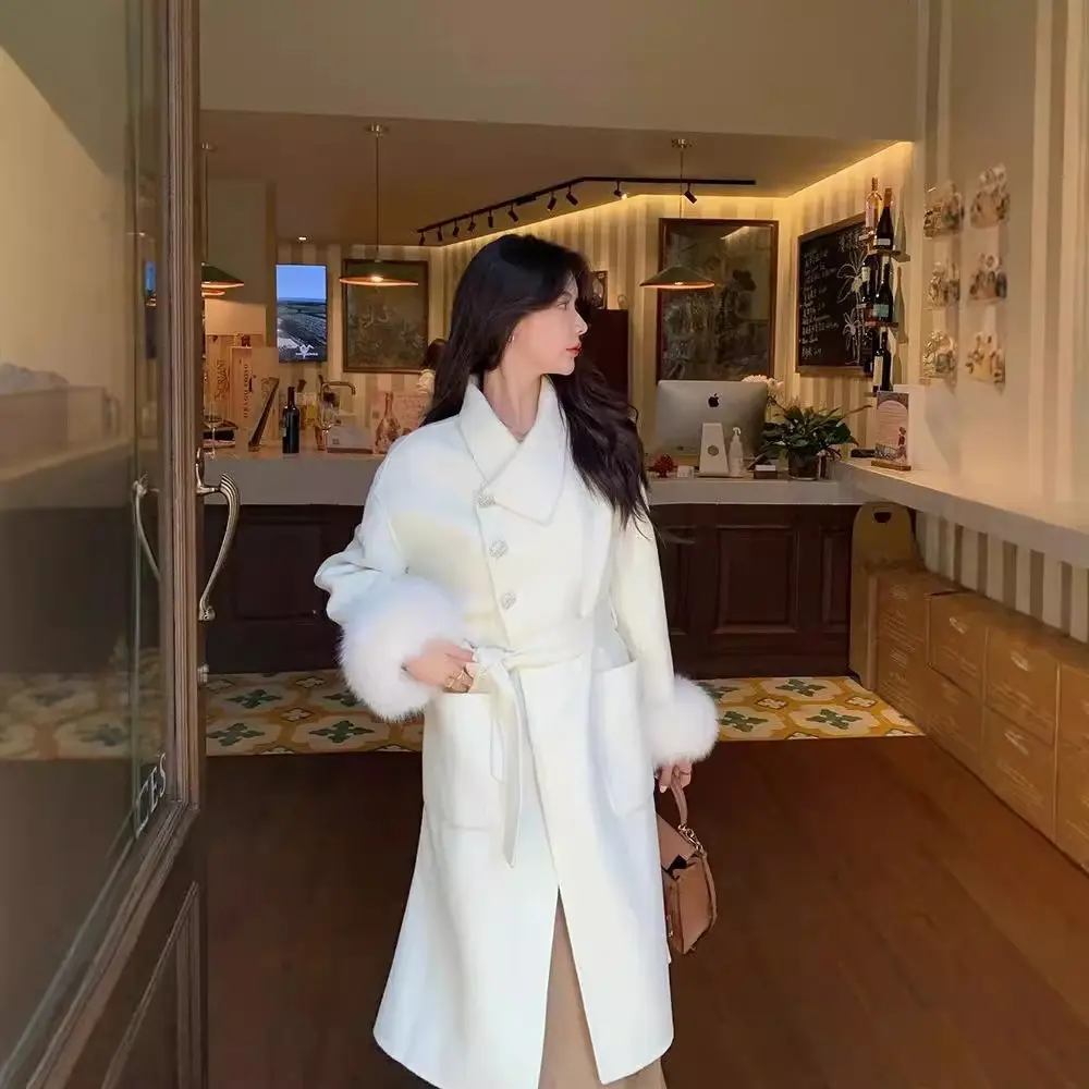 2024 New Autumn Winter Double-sided Cashmere Coat Women Long Fox Fur Collar Woolen Coat Real Fox Fur Jacket Female Wool Coat