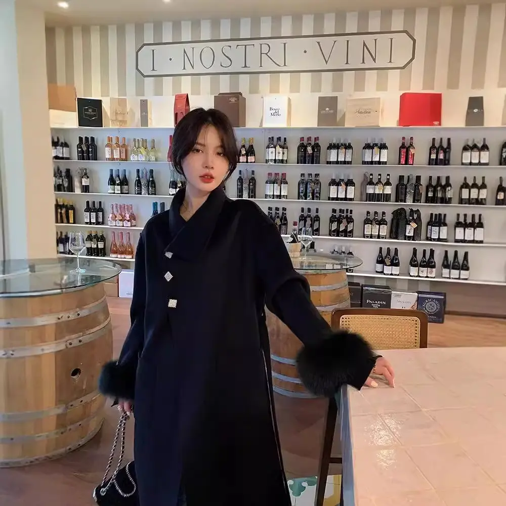 2024 New Autumn Winter Double-sided Cashmere Coat Women Long Fox Fur Collar Woolen Coat Real Fox Fur Jacket Female Wool Coat