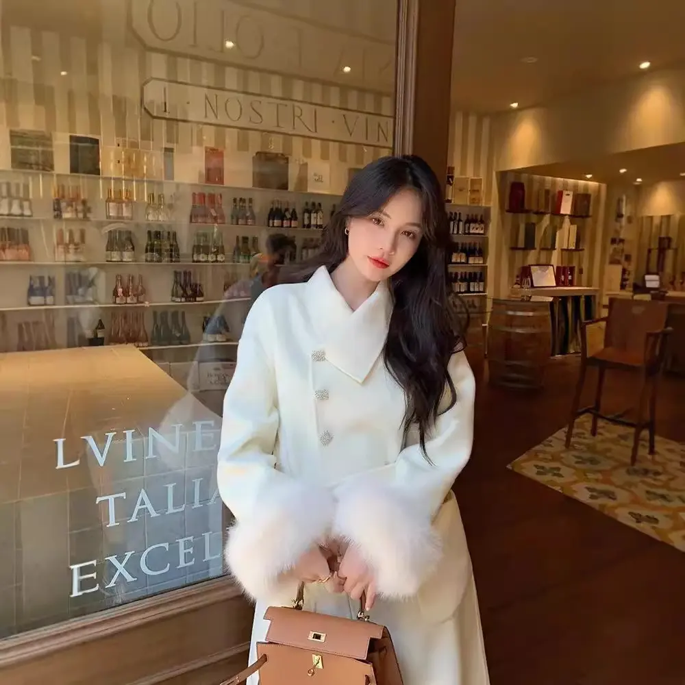 2024 New Autumn Winter Double-sided Cashmere Coat Women Long Fox Fur Collar Woolen Coat Real Fox Fur Jacket Female Wool Coat