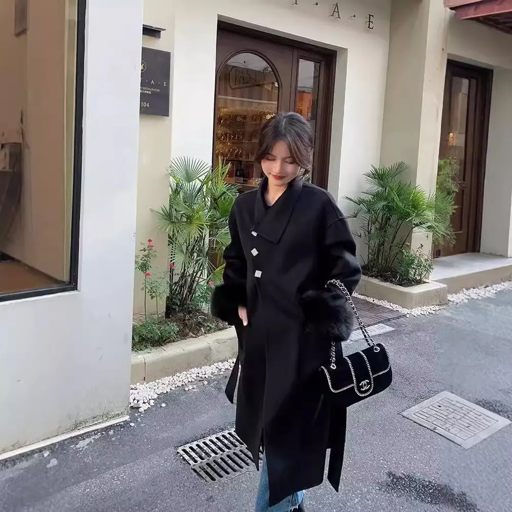 2024 New Autumn Winter Double-sided Cashmere Coat Women Long Fox Fur Collar Woolen Coat Real Fox Fur Jacket Female Wool Coat