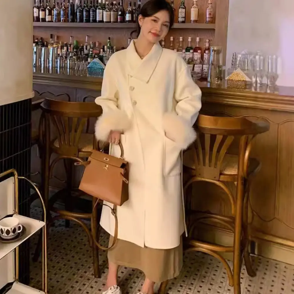 2024 New Autumn Winter Double-sided Cashmere Coat Women Long Fox Fur Collar Woolen Coat Real Fox Fur Jacket Female Wool Coat