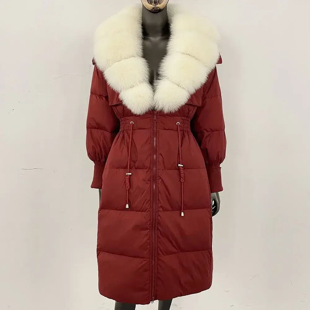 Long Puffer Jacket Winter Over Knee Women Slim Fit Warm White Duck Down Coat 2024 New Real Fox Fur Collar Natural Fur Jacket