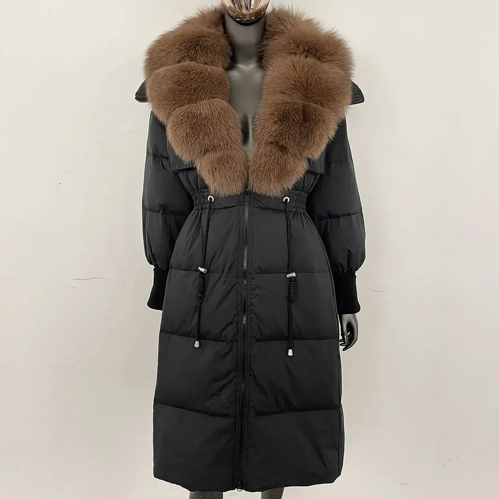 Long Puffer Jacket Winter Over Knee Women Slim Fit Warm White Duck Down Coat 2024 New Real Fox Fur Collar Natural Fur Jacket