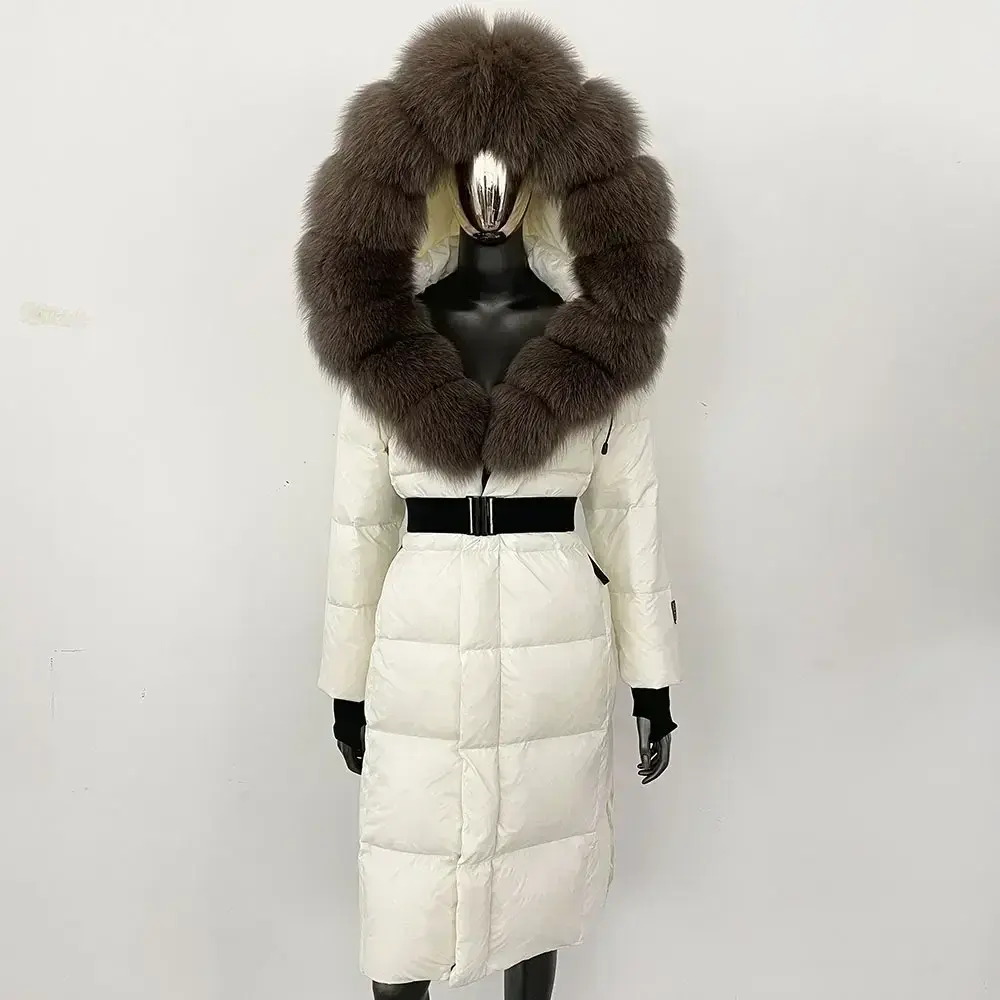 Down Coat Women Winter Real Fox Fur Collar Hooded Fur Jacket Thick Autumn Hat Detachable X-long White Duck Down Jacket Overwears