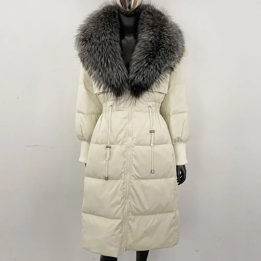 Long Puffer Jacket Winter Over Knee Women Slim Fit Warm White Duck Down Coat 2024 New Real Fox Fur Collar Natural Fur Jacket