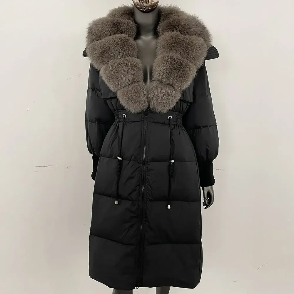 Long Puffer Jacket Winter Over Knee Women Slim Fit Warm White Duck Down Coat 2024 New Real Fox Fur Collar Natural Fur Jacket