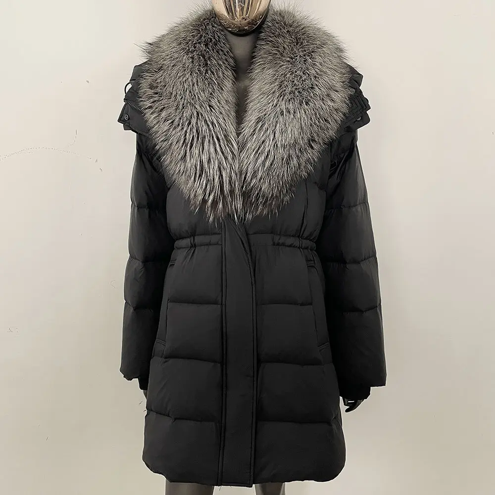 Large Natural Raccoon Fur Coat Puffer Coat Winter Duck Down Jacket Female Street Fashion Hooded Removable Real Fur Jacket Women
