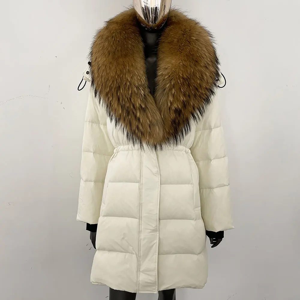 Large Natural Raccoon Fur Coat Puffer Coat Winter Duck Down Jacket Female Street Fashion Hooded Removable Real Fur Jacket Women