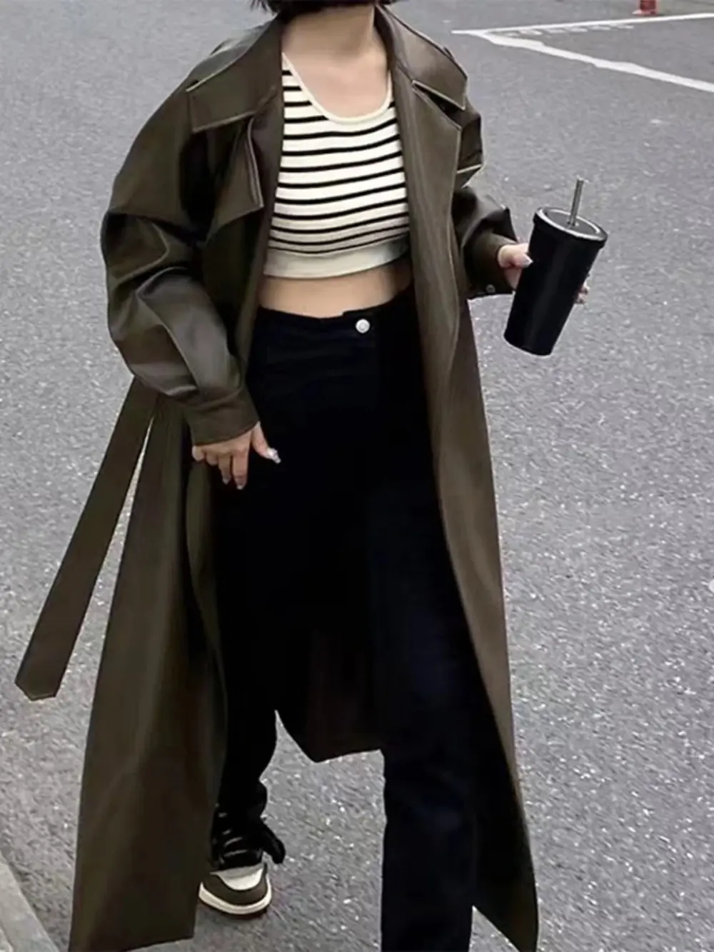 Leather Long Women' Jacket Street Fashion Turn-down Collar Female Jackets 2024 Autumn Winter Full Sleeve Belt Loose PU Coats