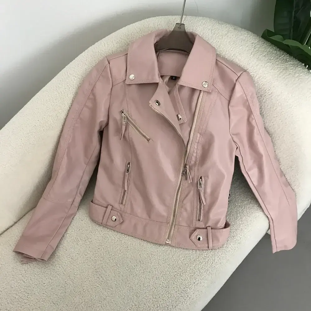 2024 Turn down Collar Women Autumn Pu Faux Leather Jacket Soft Motorcycle Zipper Coat Female Slim Biker Coats Basic Streetwear