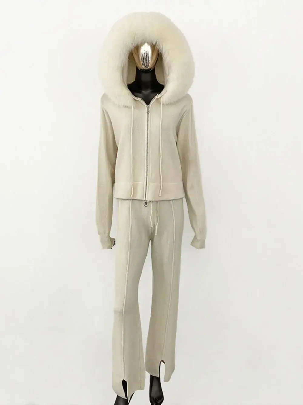 Trousers Hooded Jacket with Detachable Fox Fur Collar Fur Coat Sweater Suit Women 2024 Autumn and Winter Fashionable Knitwear