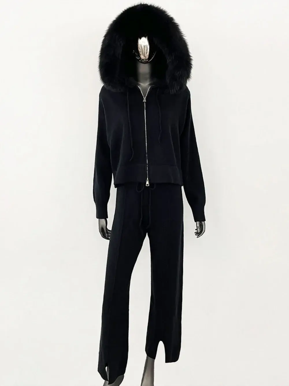 Trousers Hooded Jacket with Detachable Fox Fur Collar Fur Coat Sweater Suit Women 2024 Autumn and Winter Fashionable Knitwear