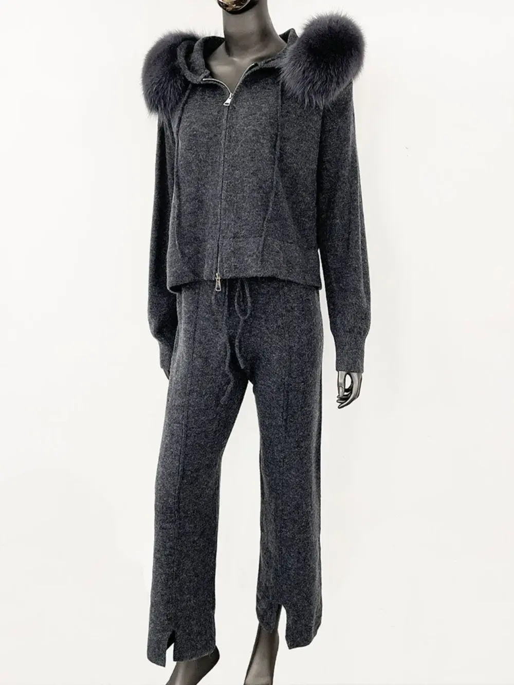 Trousers Hooded Jacket with Detachable Fox Fur Collar Fur Coat Sweater Suit Women 2024 Autumn and Winter Fashionable Knitwear