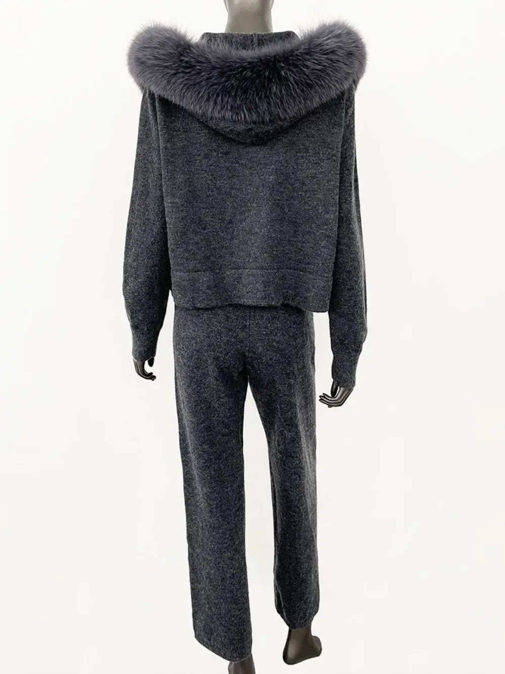 Trousers Hooded Jacket with Detachable Fox Fur Collar Fur Coat Sweater Suit Women 2024 Autumn and Winter Fashionable Knitwear