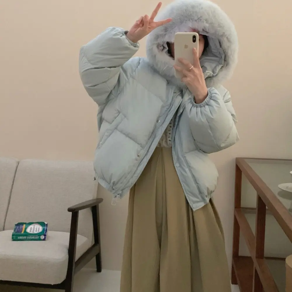 Down Jacket Women Winter Fashion White Duck Down Jackets Female Real Big Fur Collar Hooded Coats Ladies Short Loose Overcoats