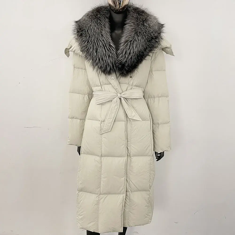 Hooded 2024 Winter Puffer Jacket Women Belt Single-breasted Real Fox Fur Collar Jacket Thickened Warm Loose White Duck Down Coat