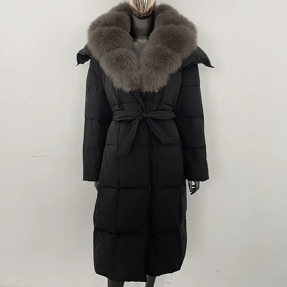 Hooded 2024 Winter Puffer Jacket Women Belt Single-breasted Real Fox Fur Collar Jacket Thickened Warm Loose White Duck Down Coat