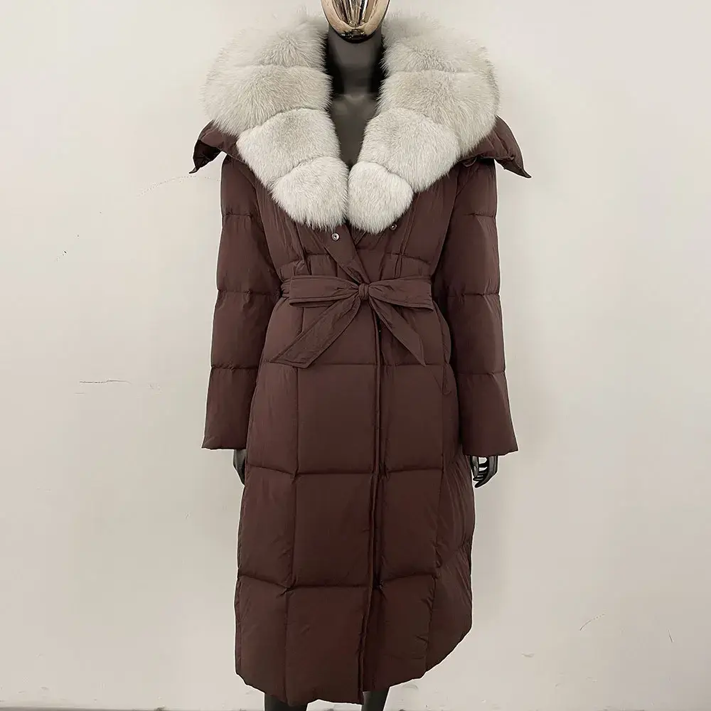 Hooded 2024 Winter Puffer Jacket Women Belt Single-breasted Real Fox Fur Collar Jacket Thickened Warm Loose White Duck Down Coat