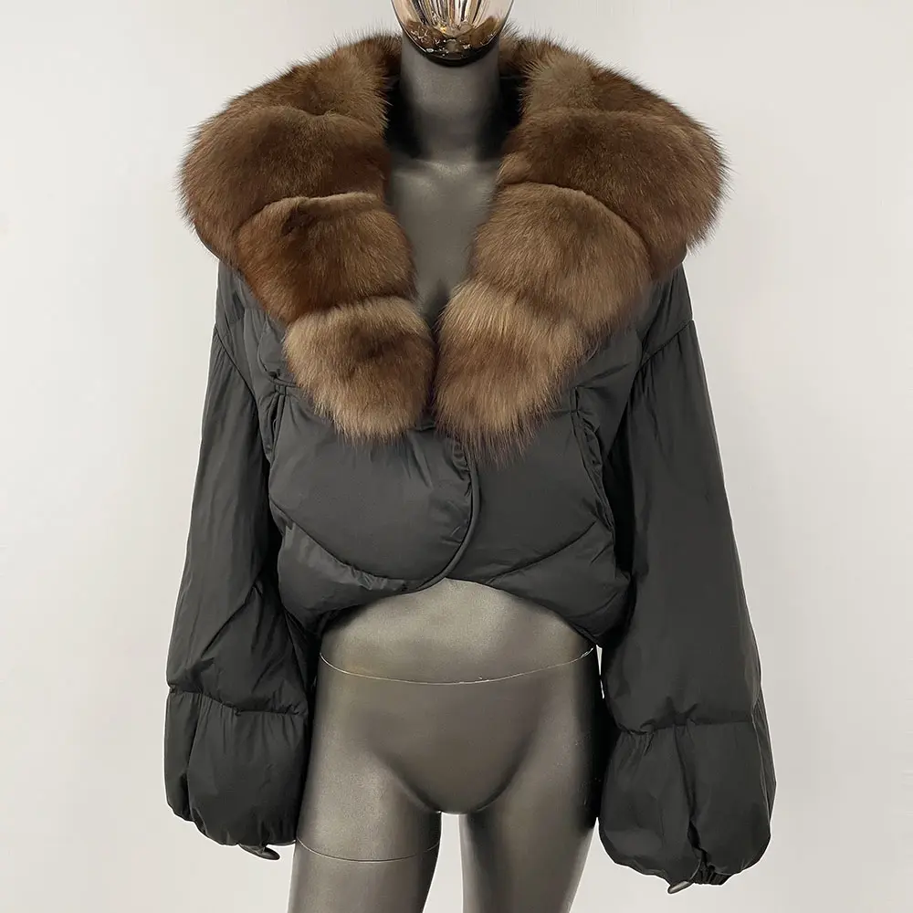 White Duck Down Jacket Women Luxury Loose Short Fashion Casual Winter Female Warm Real Fox Fur Coat Long Sleeve Puffer Jacket