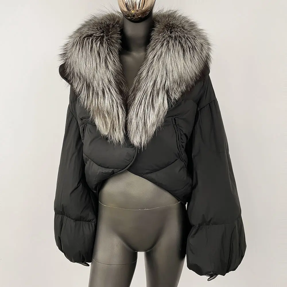 White Duck Down Jacket Women Luxury Loose Short Fashion Casual Winter Female Warm Real Fox Fur Coat Long Sleeve Puffer Jacket