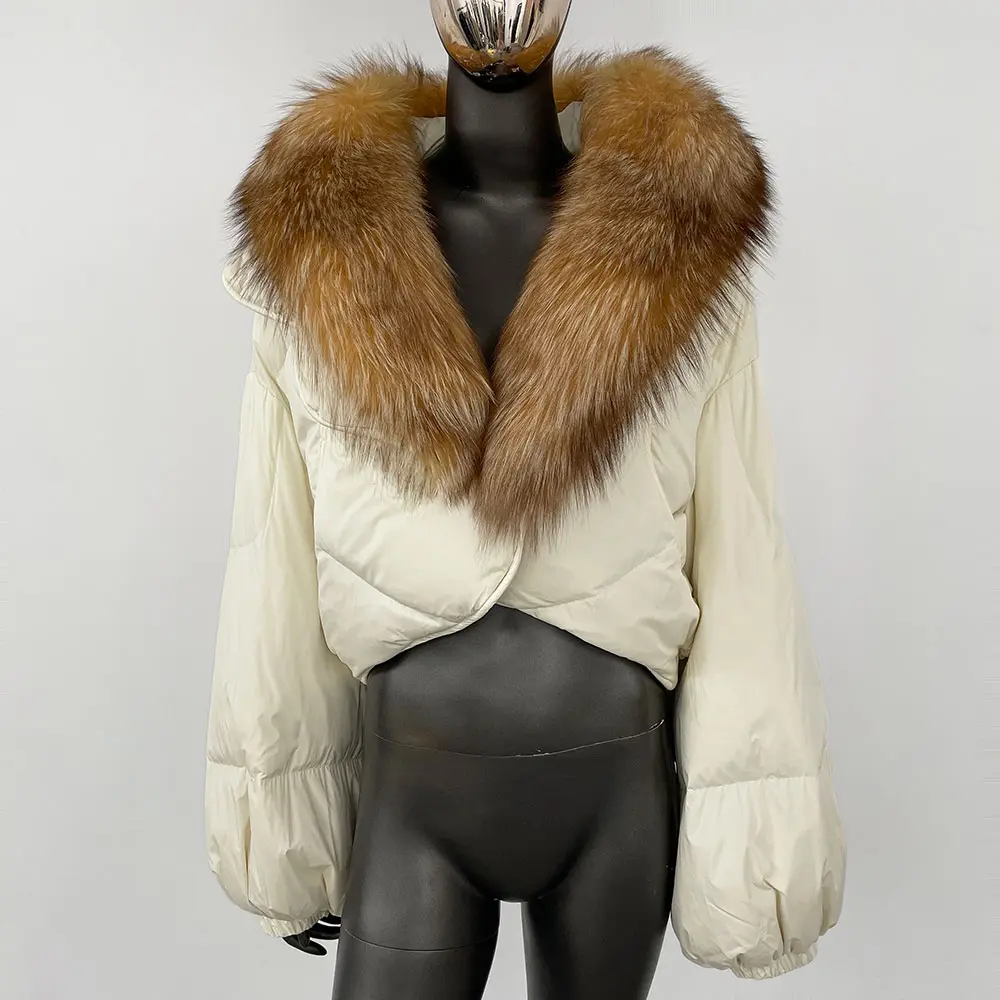 White Duck Down Jacket Women Luxury Loose Short Fashion Casual Winter Female Warm Real Fox Fur Coat Long Sleeve Puffer Jacket