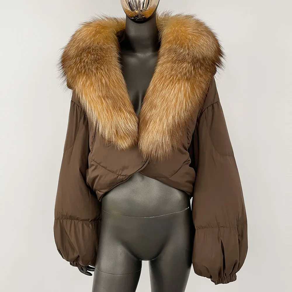White Duck Down Jacket Women Luxury Loose Short Fashion Casual Winter Female Warm Real Fox Fur Coat Long Sleeve Puffer Jacket