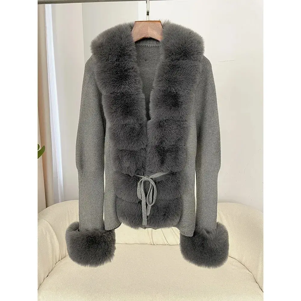 Faux Fur Coat Luxury Patchwork Knit Sweater Bandage Fur Cardigan Detachable Collar Jacket Autumn-winter Women's Faux Fur Coat