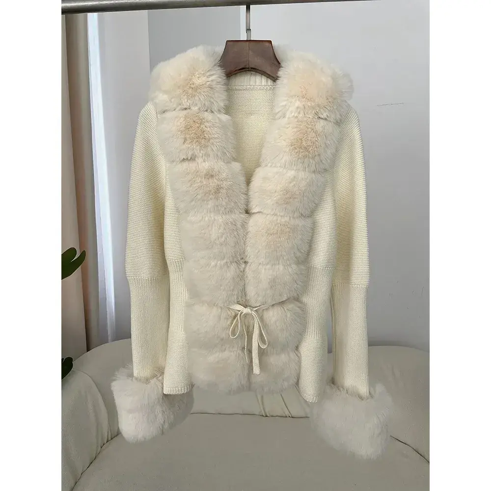 Faux Fur Coat Luxury Patchwork Knit Sweater Bandage Fur Cardigan Detachable Collar Jacket Autumn-winter Women's Faux Fur Coat