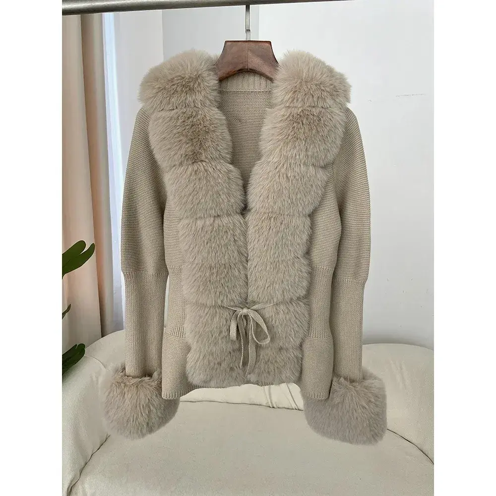 Faux Fur Coat Luxury Patchwork Knit Sweater Bandage Fur Cardigan Detachable Collar Jacket Autumn-winter Women's Faux Fur Coat