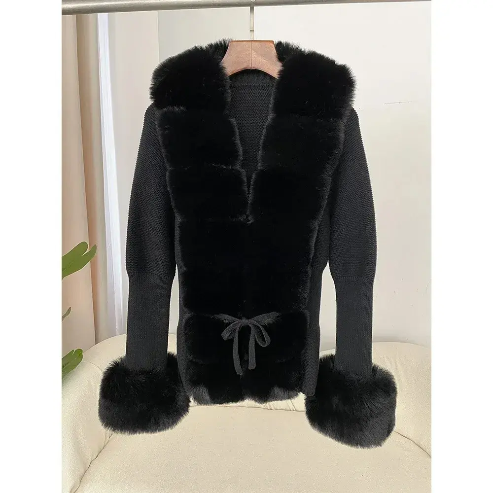 Faux Fur Coat Luxury Patchwork Knit Sweater Bandage Fur Cardigan Detachable Collar Jacket Autumn-winter Women's Faux Fur Coat