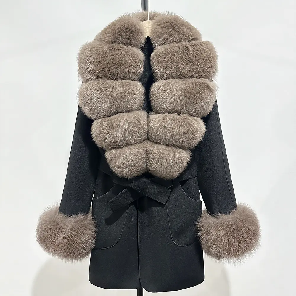 Wool Blend Coat Natural Fur Collar Overcoat Female Wool Coat Women Autumn Winter Clothes Real Fox Fur Cuffs Woolen Jacket