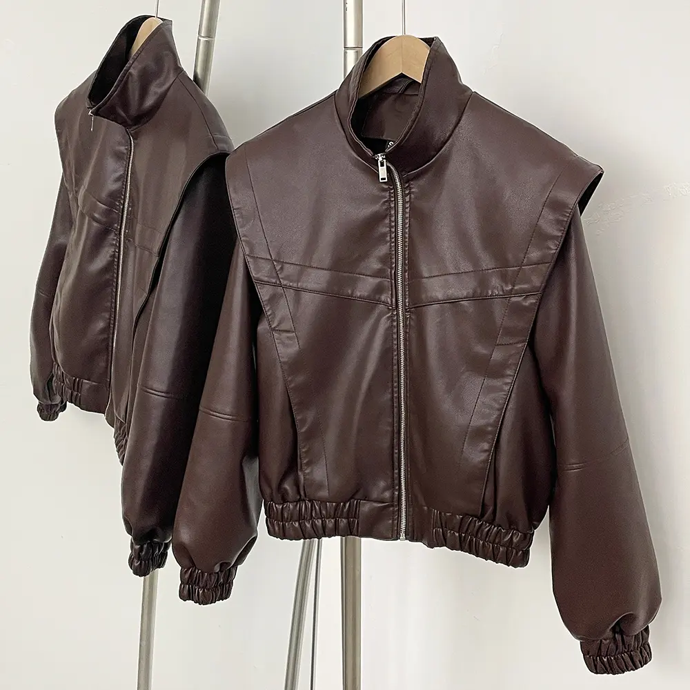PU Jacket Autumn New Women's Street Fashion Versatile Elastic Hem Stand Up Collar Long Sleeve Imitation Faux Leather Jacket