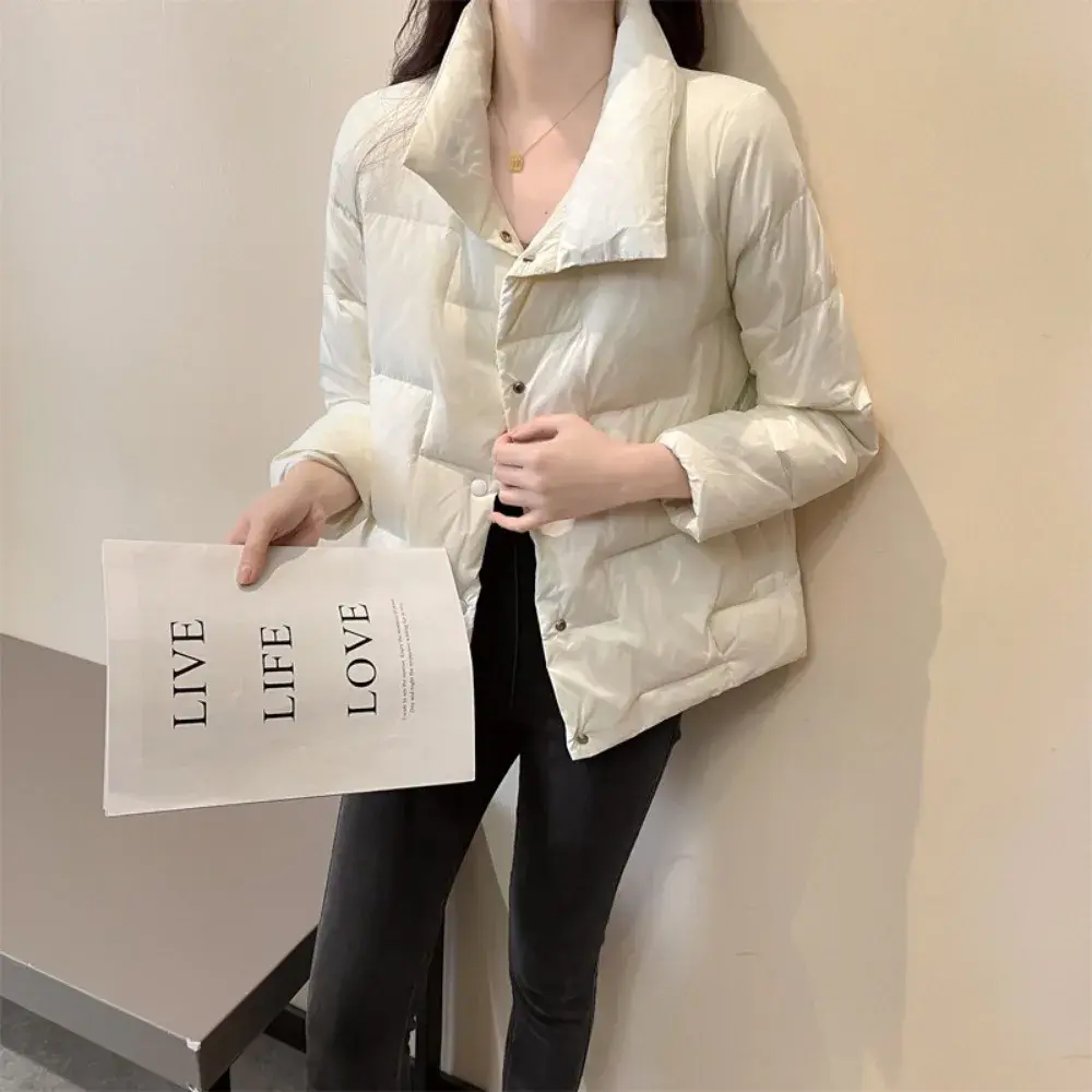 Autumn Winter Down Jacket For Women 2024 Solid Stand Collar Plaid Ultralight White Duck Down Coat Keep Warm Puffer Jacket Female