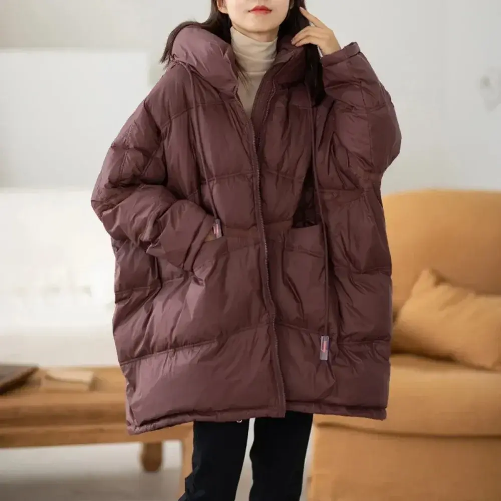 Down Jacket Women 2024 New Winter White Duck Down Jacket Casual Loose Over Size Warm Parka Female Drawstring Hooded Puffer Coat
