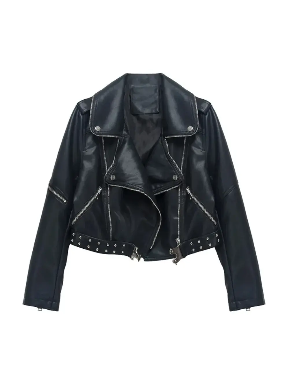 Streetwear Women Loose Rivet Faux Leather Short Jacket Spring Autumn Female Moto Biker Zipper Belt Coat Outerwear