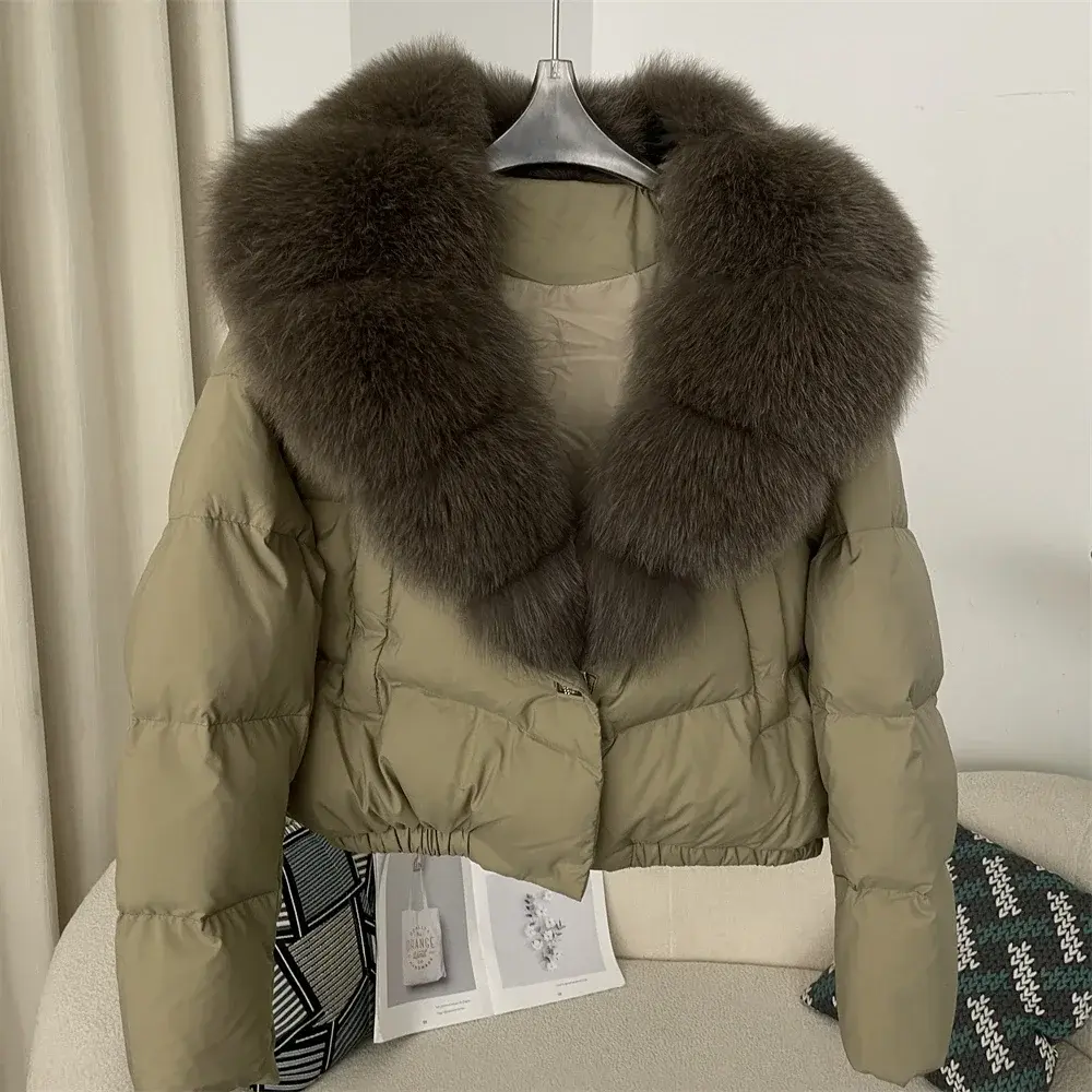 Down Jacket Women Short Puffer Jacket Thick New Big Natural Real Fox Fur Coat  Autumn Winter Female White Duck Down Coat Feather
